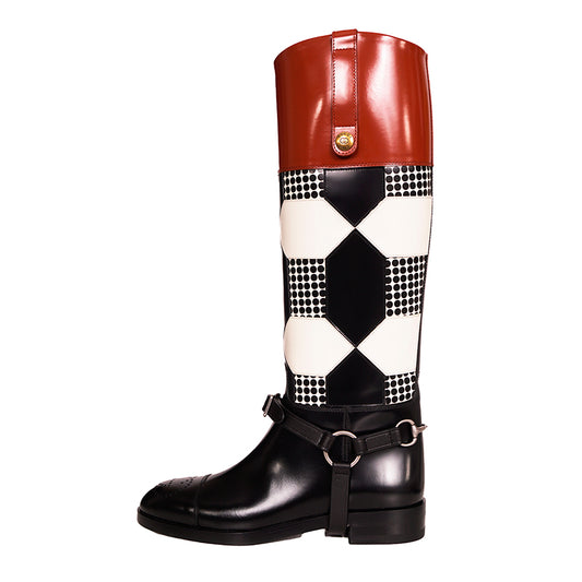 37.5 NEW $2100 GUCCI RUNWAY Black White Optical RIDING BOOTS & HORSEBIT HARNESS
