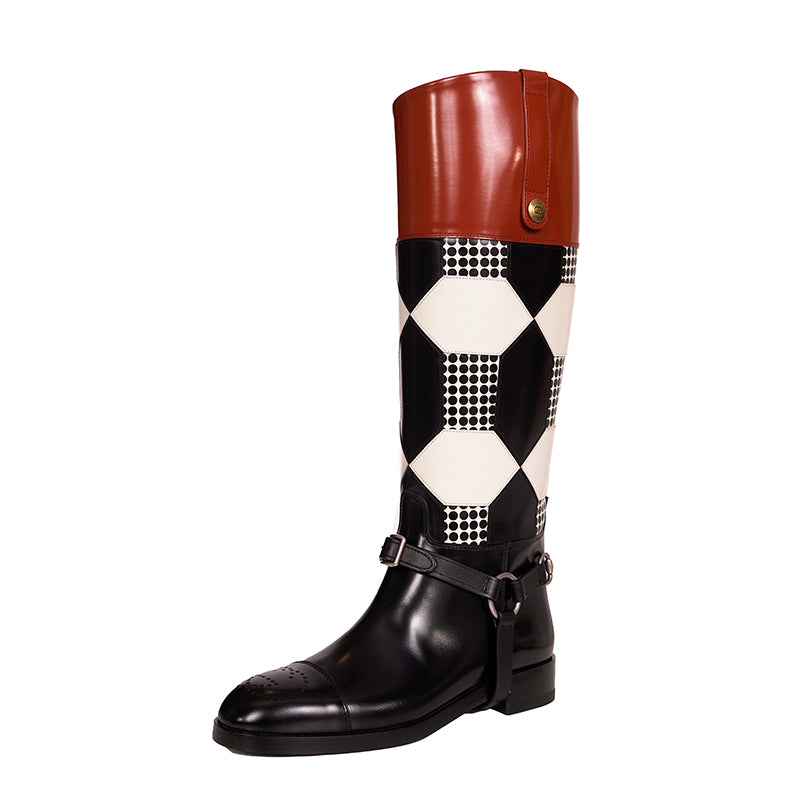 37.5 NEW $2100 GUCCI RUNWAY Black White Optical RIDING BOOTS & HORSEBIT HARNESS