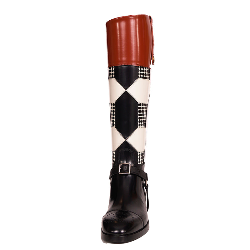 37.5 NEW $2100 GUCCI RUNWAY Black White Optical RIDING BOOTS & HORSEBIT HARNESS