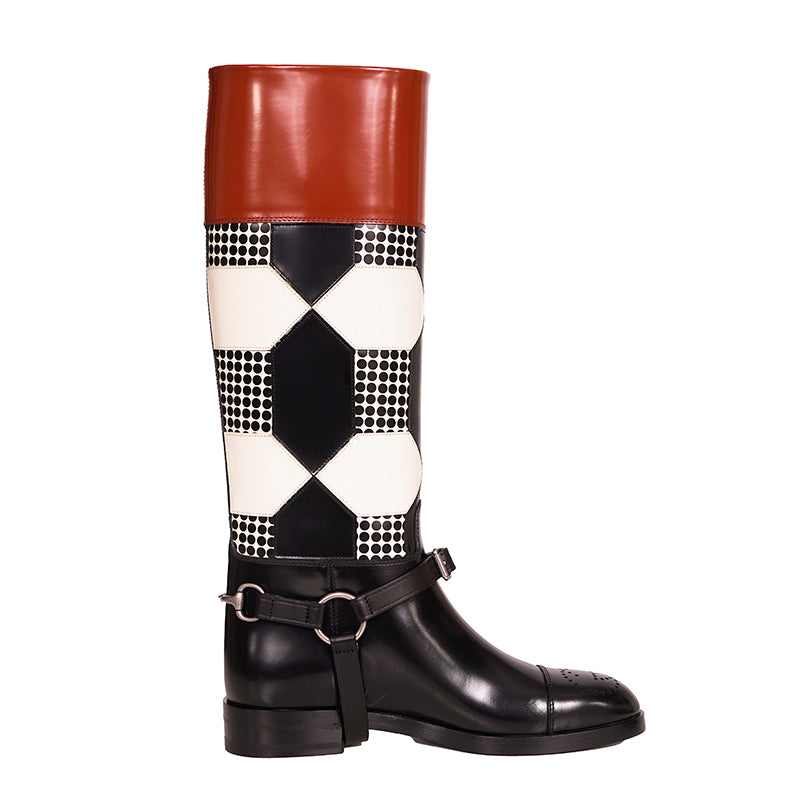 37.5 NEW $2100 GUCCI RUNWAY Black White Optical RIDING BOOTS & HORSEBIT HARNESS