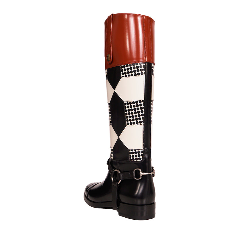 37.5 NEW $2100 GUCCI RUNWAY Black White Optical RIDING BOOTS & HORSEBIT HARNESS