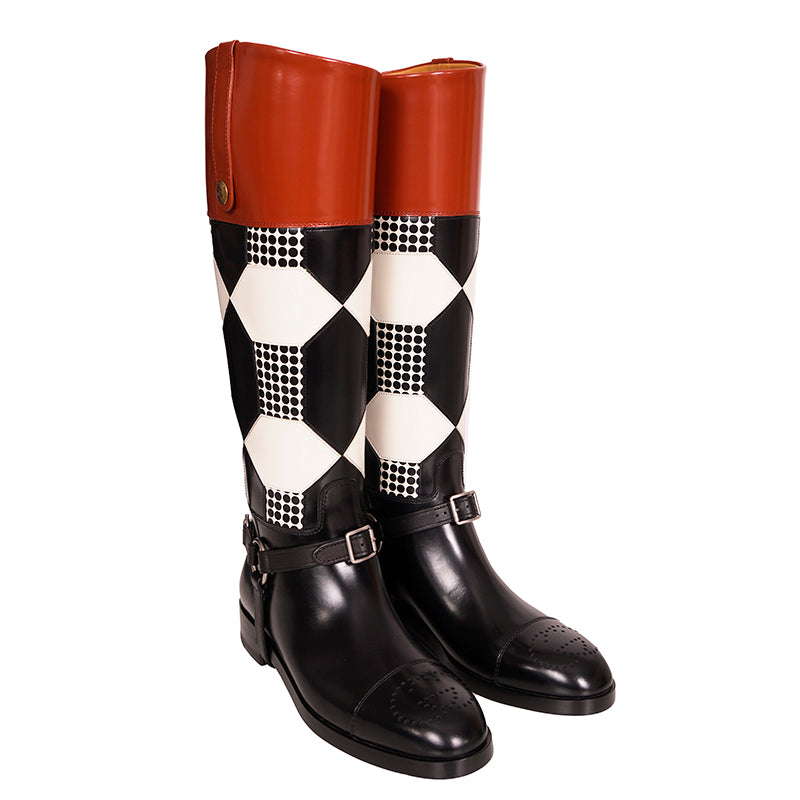 37.5 NEW $2100 GUCCI RUNWAY Black White Optical RIDING BOOTS & HORSEBIT HARNESS