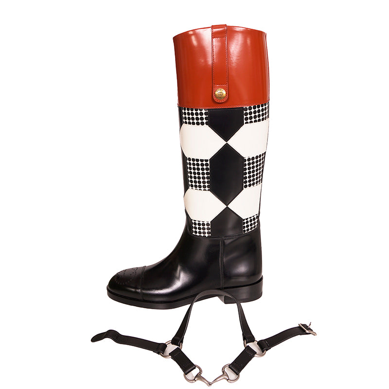 37.5 NEW $2100 GUCCI RUNWAY Black White Optical RIDING BOOTS & HORSEBIT HARNESS