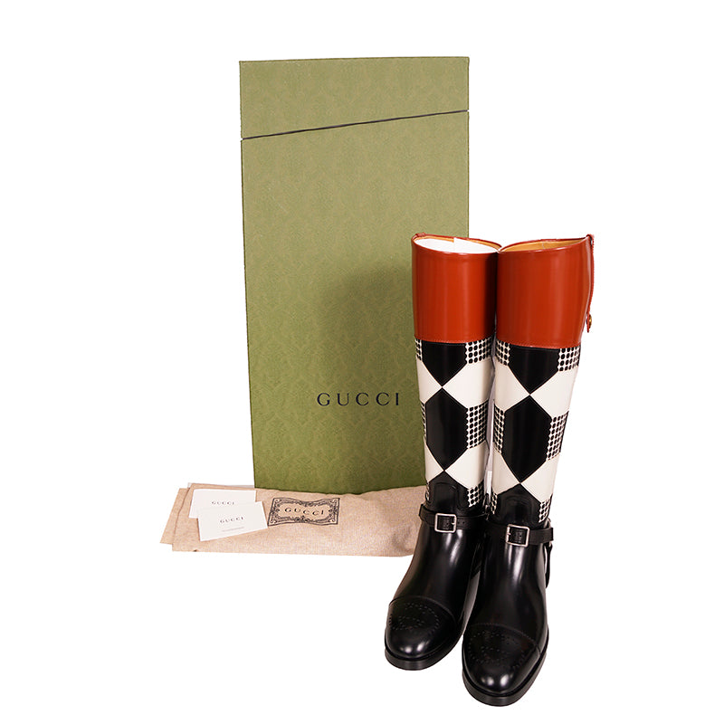 37.5 NEW $2100 GUCCI RUNWAY Black White Optical RIDING BOOTS & HORSEBIT HARNESS