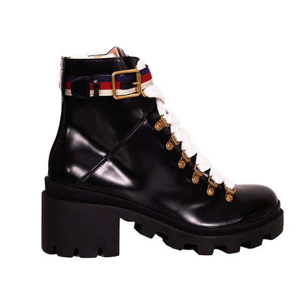 38.5 NEW $980 GUCCI Black Leather SYLVIE WEB Chunky COMBAT BOOTS w/ 2 Set LACES