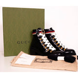 38.5 NEW $980 GUCCI Black Leather SYLVIE WEB Chunky COMBAT BOOTS w/ 2 Set LACES
