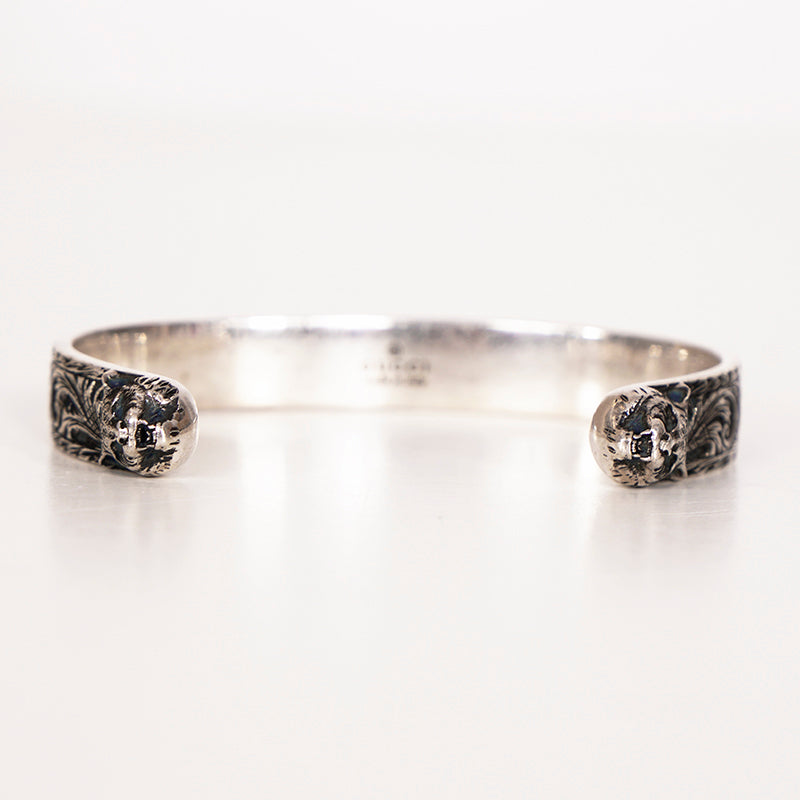 16 NEW $495 GUCCI Garden Sterling Silver GG LOGO CAT FELINE HEAD Cuff BRACELET