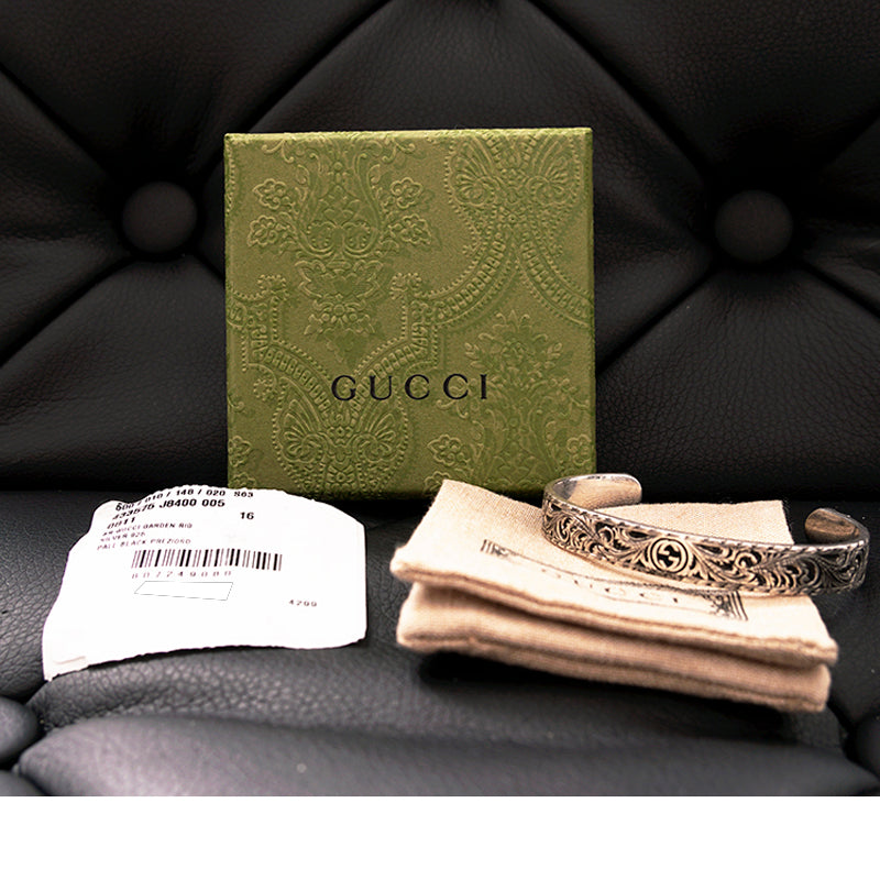 16 NEW $495 GUCCI Garden Sterling Silver GG LOGO CAT FELINE HEAD Cuff BRACELET