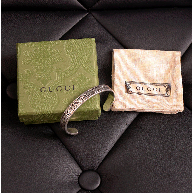 16 NEW $495 GUCCI Garden Sterling Silver GG LOGO CAT FELINE HEAD Cuff BRACELET