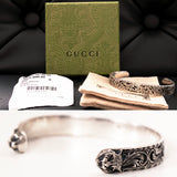 16 NEW $495 GUCCI Garden Sterling Silver GG LOGO CAT FELINE HEAD Cuff BRACELET