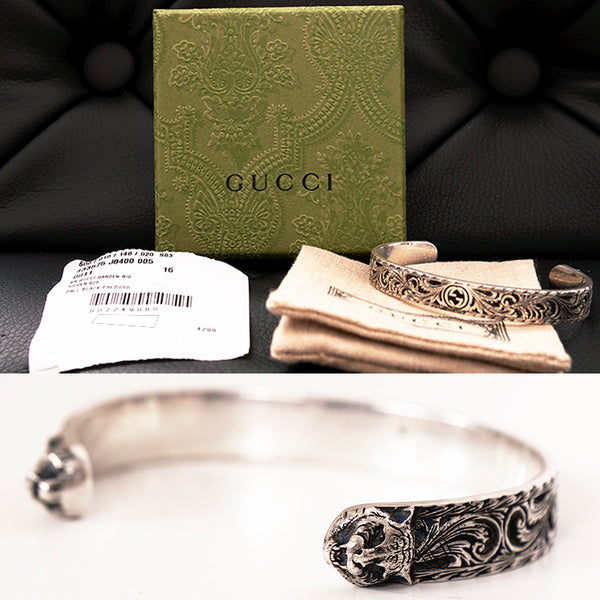 16 NEW $495 GUCCI Garden Sterling Silver GG LOGO CAT FELINE HEAD Cuff BRACELET