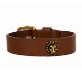 M NEW $525 GUCCI Brown Leather Aged Gold Metal LION HEAD LOGO BRACELET NIB NWT