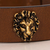 M NEW $525 GUCCI Brown Leather Aged Gold Metal LION HEAD LOGO BRACELET NIB NWT