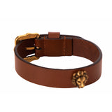 M NEW $525 GUCCI Brown Leather Aged Gold Metal LION HEAD LOGO BRACELET NIB NWT