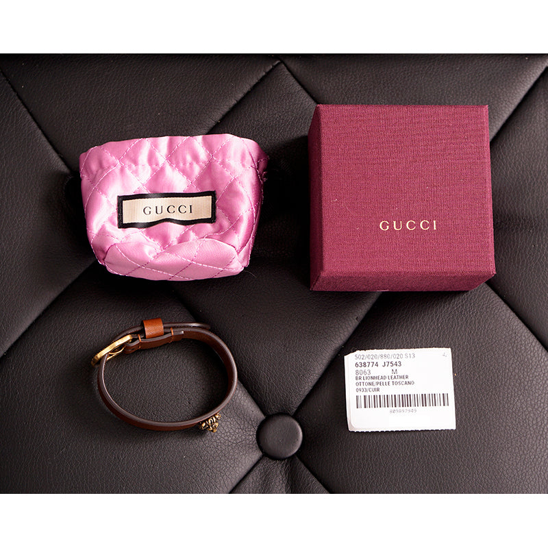 M NEW $525 GUCCI Brown Leather Aged Gold Metal LION HEAD LOGO BRACELET NIB NWT