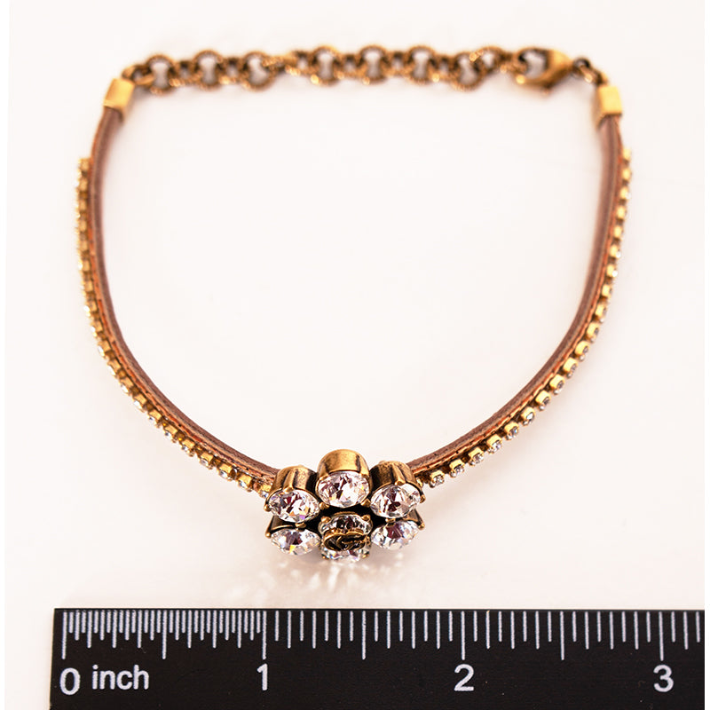 NEW $570 GUCCI Women's MARMONT GG LOGO Crystal & Brass Flower Leather BRACELET