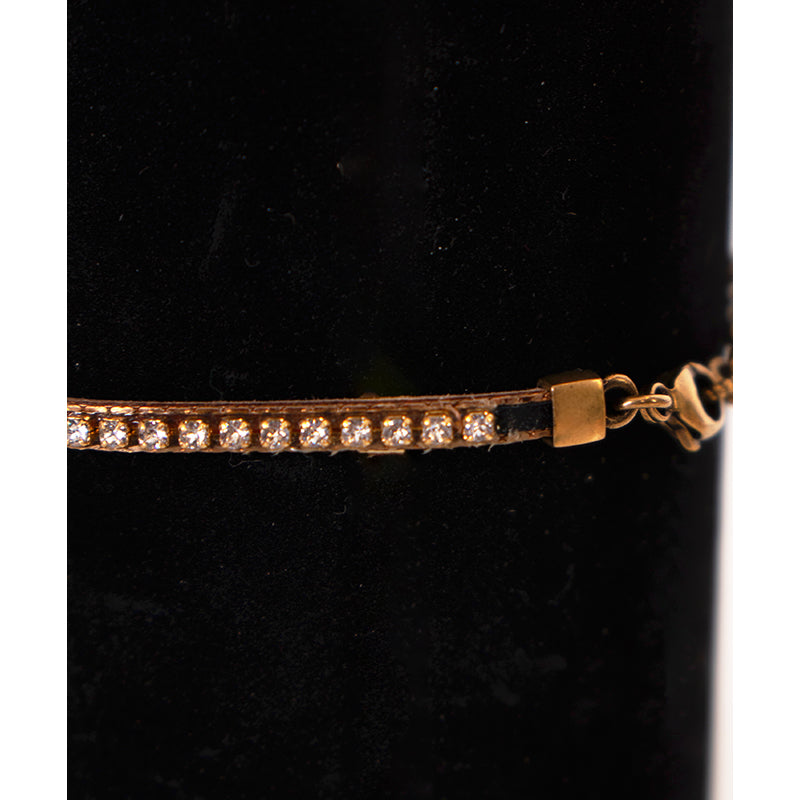 NEW $570 GUCCI Women's MARMONT GG LOGO Crystal & Brass Flower Leather BRACELET