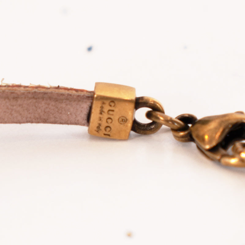 NEW $570 GUCCI Women's MARMONT GG LOGO Crystal & Brass Flower Leather BRACELET
