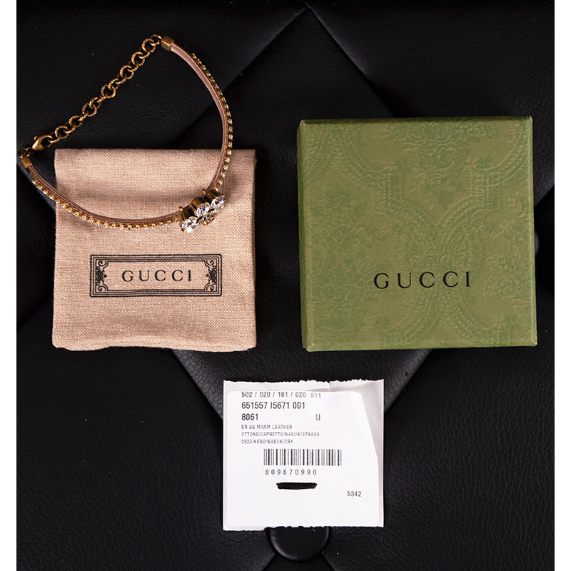 NEW $570 GUCCI Women's MARMONT GG LOGO Crystal & Brass Flower Leather BRACELET