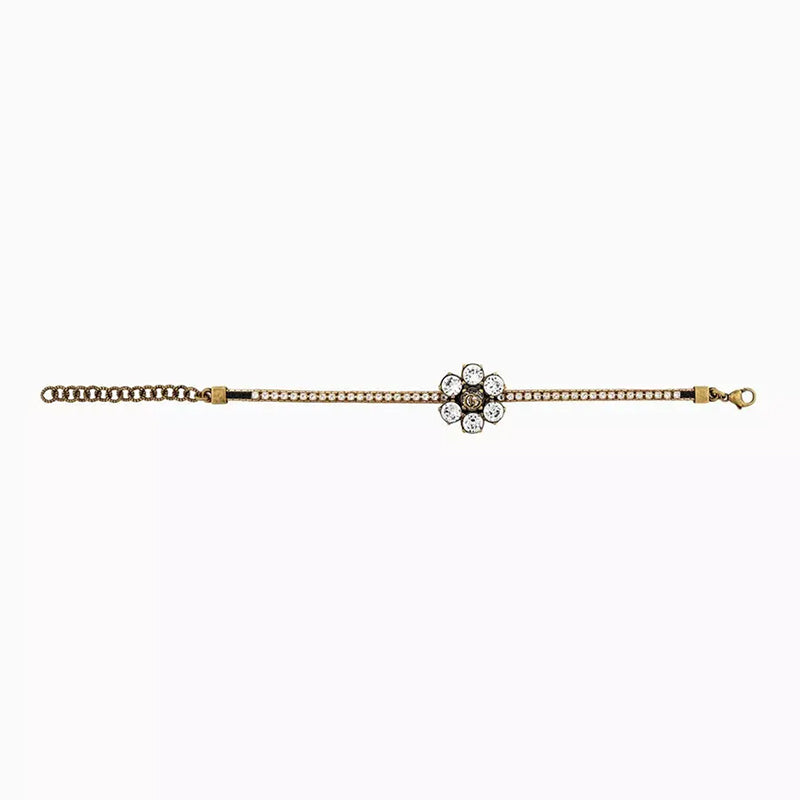 NEW $570 GUCCI Women's MARMONT GG LOGO Crystal & Brass Flower Leather BRACELET