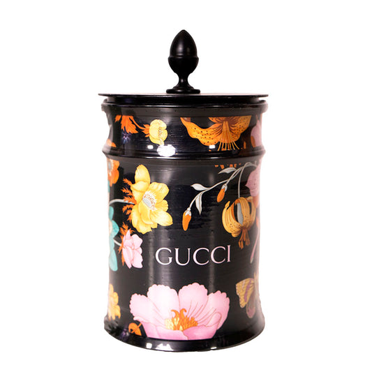 NEW $395 GUCCI Black Metal Container Freesia FLORA FLORAL PRINT Wax CANDLE & LID