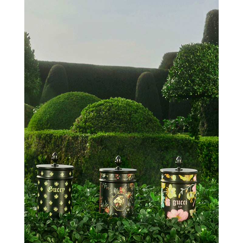 NEW $395 GUCCI Black Metal Container Freesia FLORA FLORAL PRINT Wax CANDLE & LID