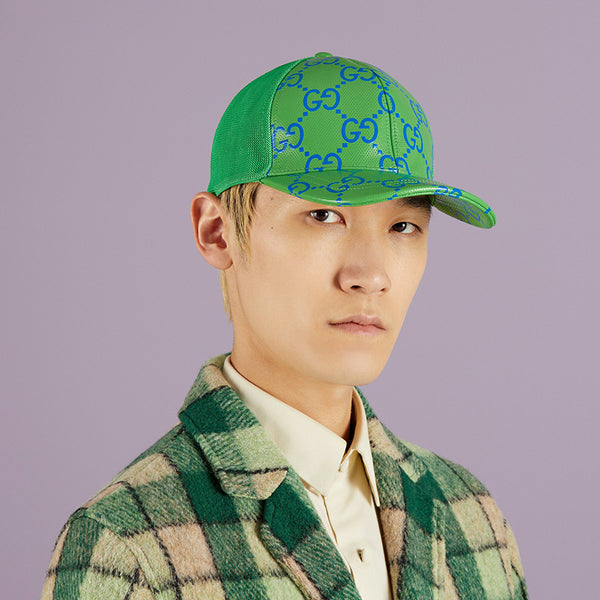 M NEW $600 GUCCI Green Perforated Leather GG LOGO Monogram Unisex BASEBALL HAT