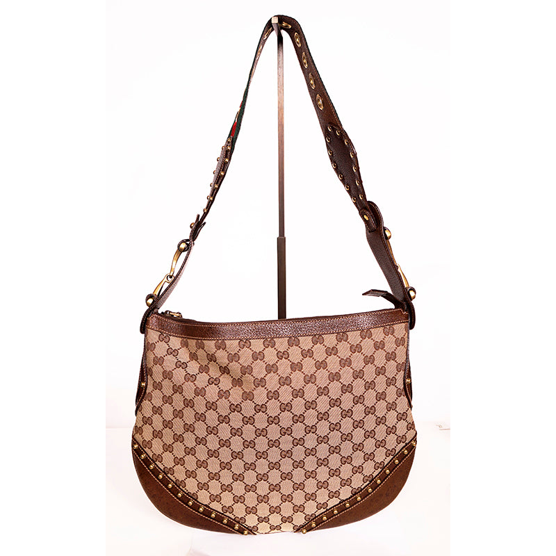 2005 VINTAGE GUCCI Brown GG Canvas Leather Pelham PRINT AD RUNWAY Messenger BAG