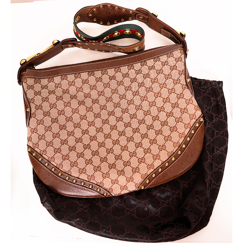 2005 VINTAGE GUCCI Brown GG Canvas Leather Pelham PRINT AD RUNWAY Messenger BAG