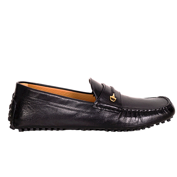 11G 11.5 NEW $820 GUCCI Men Black Leather GOLD HALF HORSEBIT LOGO Driver LOAFERS