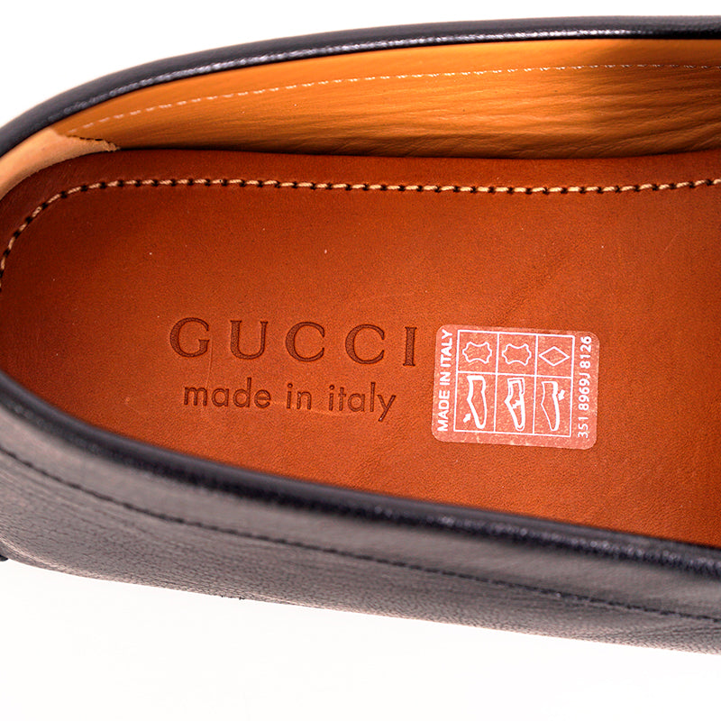 11G 11.5 NEW $820 GUCCI Men Black Leather GOLD HALF HORSEBIT LOGO Driver LOAFERS