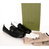 11G 11.5 NEW $820 GUCCI Men Black Leather GOLD HALF HORSEBIT LOGO Driver LOAFERS