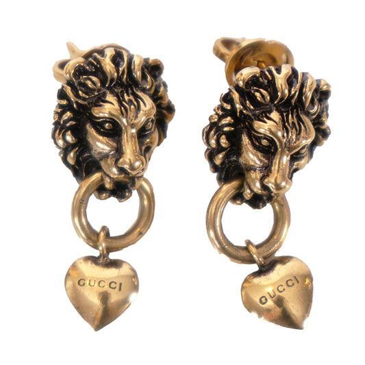 NEW $460 GUCCI Woman's Aged Brass LION HEAD HEART LOGO Dangle Pierced EARRINGS