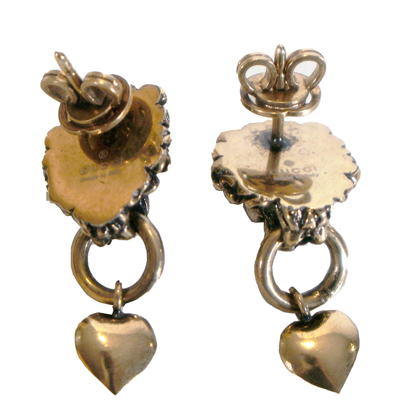 NEW $460 GUCCI Woman's Aged Brass LION HEAD HEART LOGO Dangle Pierced EARRINGS