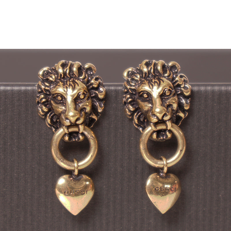 NEW $460 GUCCI Woman's Aged Brass LION HEAD HEART LOGO Dangle Pierced EARRINGS