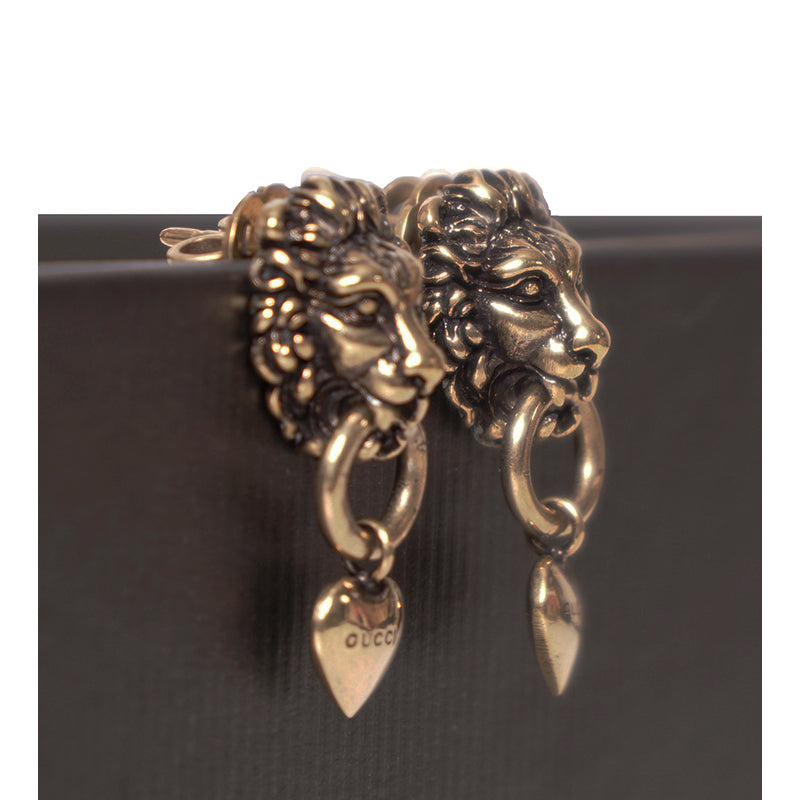 NEW $460 GUCCI Woman's Aged Brass LION HEAD HEART LOGO Dangle Pierced EARRINGS