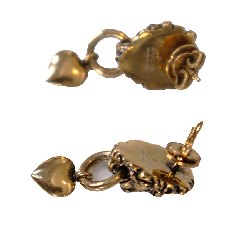 NEW $460 GUCCI Woman's Aged Brass LION HEAD HEART LOGO Dangle Pierced EARRINGS