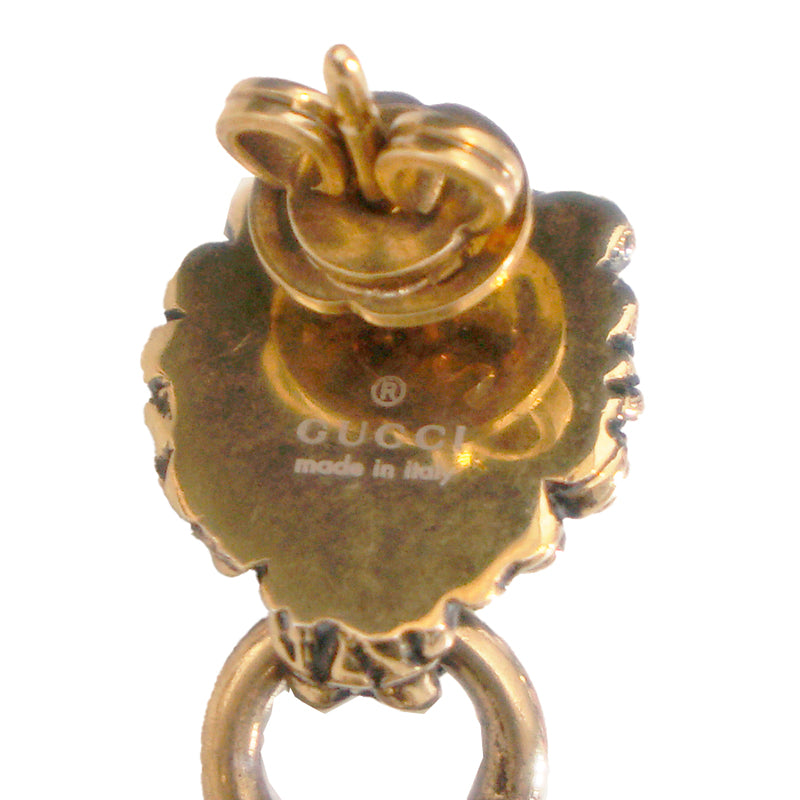 NEW $460 GUCCI Woman's Aged Brass LION HEAD HEART LOGO Dangle Pierced EARRINGS