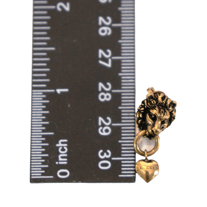 NEW $460 GUCCI Woman's Aged Brass LION HEAD HEART LOGO Dangle Pierced EARRINGS