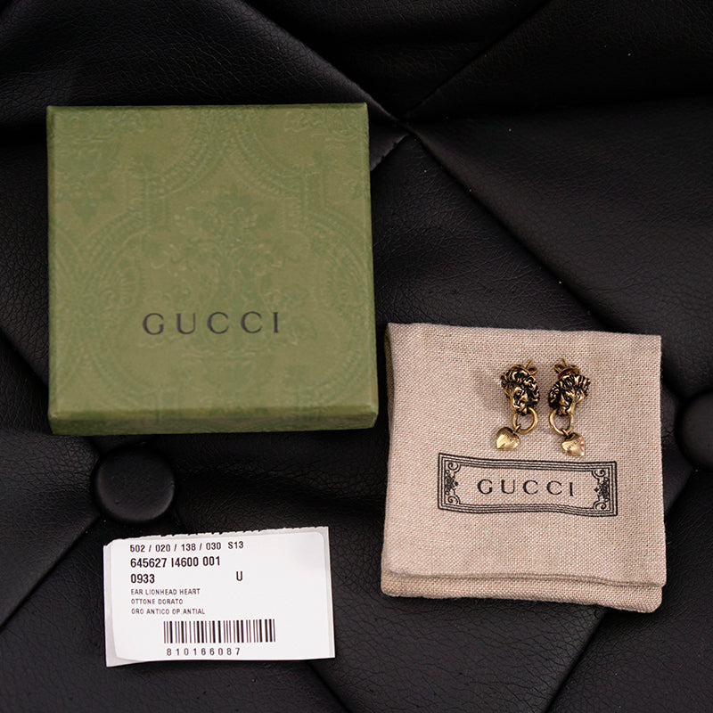 NEW $460 GUCCI Woman's Aged Brass LION HEAD HEART LOGO Dangle Pierced EARRINGS