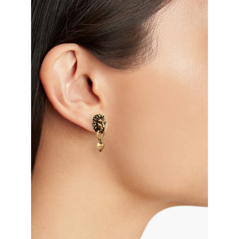 NEW $460 GUCCI Woman's Aged Brass LION HEAD HEART LOGO Dangle Pierced EARRINGS