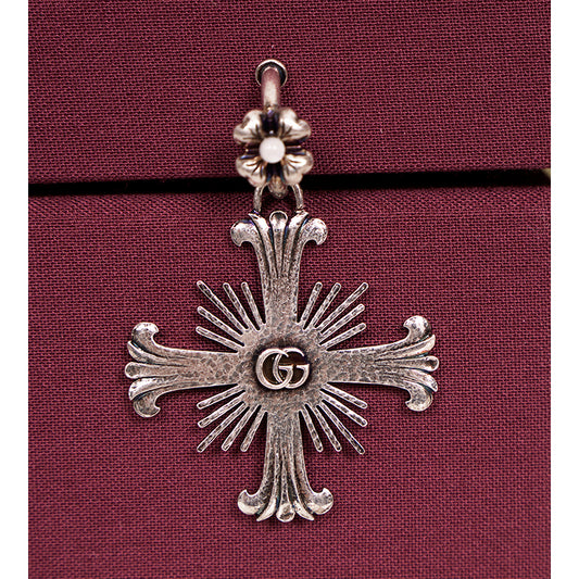 NEW $595 GUCCI Sterling Silver Maltese CROSS Flower Pearl CLIP ON SINGLE EARRING