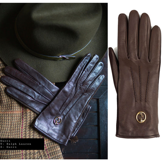 8.5 NEW $730 GUCCI Brown NAPPA LEATHER & Suede 1973 GG LOGO DRIVING GLOVES NIB