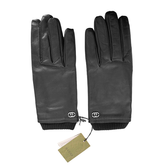 sz 9.5/10.5 M NEW $840 GUCCI Men's Black Leather Lambskin Wool Lined GG LOGO GLOVES