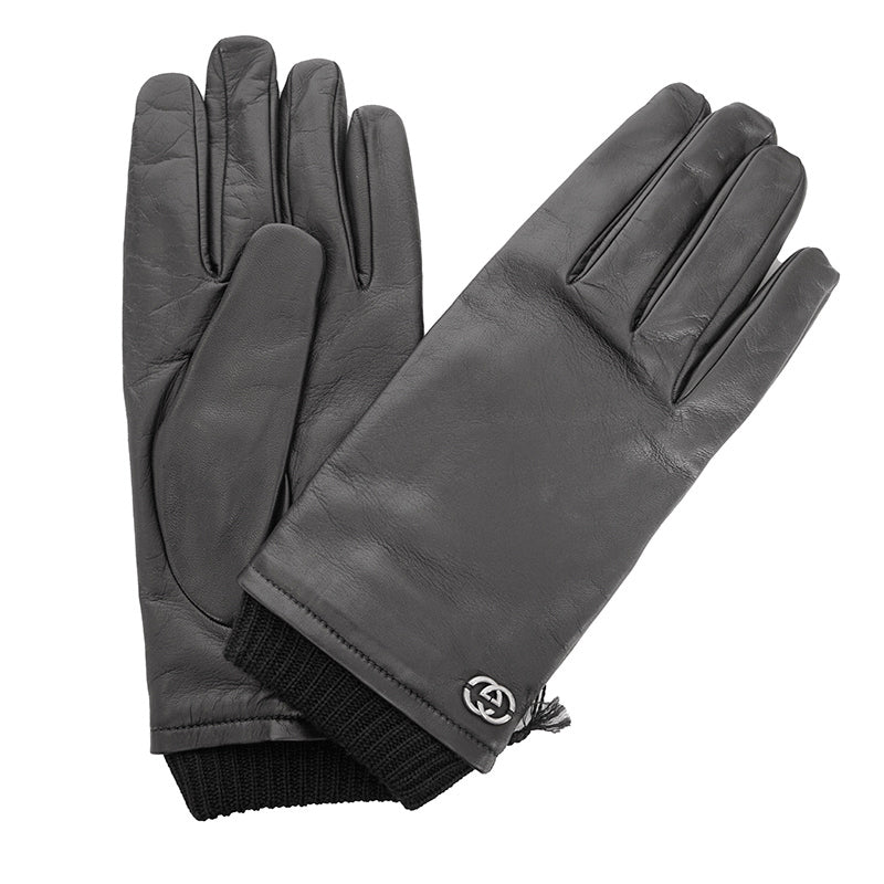 sz 9.5/10.5 M NEW $840 GUCCI Men's Black Leather Lambskin Wool Lined GG LOGO GLOVES