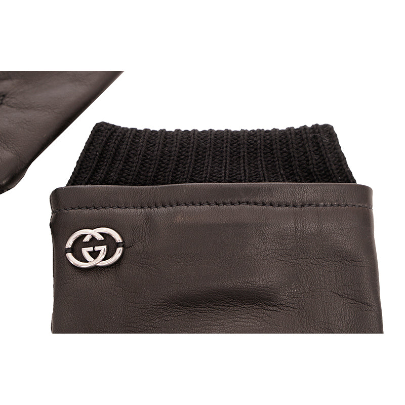 sz 9.5/10.5 M NEW $840 GUCCI Men's Black Leather Lambskin Wool Lined GG LOGO GLOVES