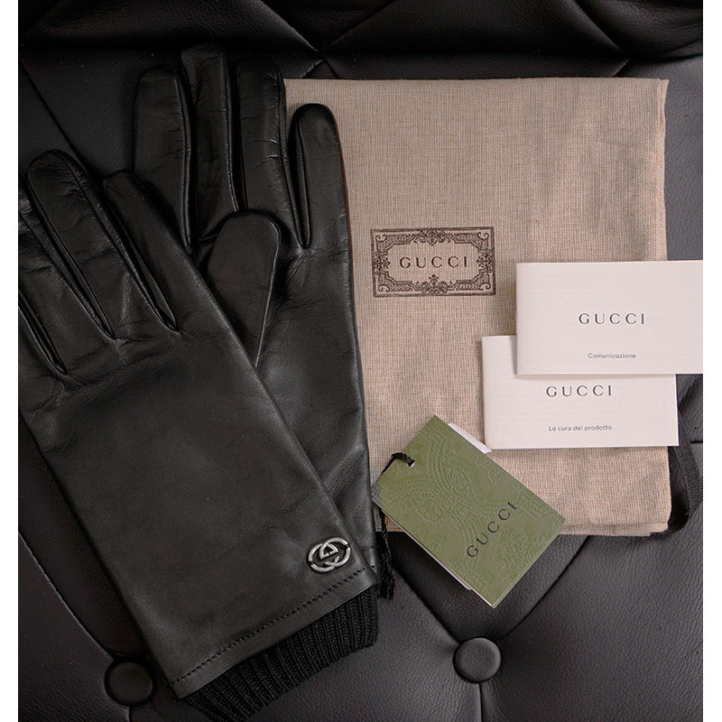 sz 9.5/10.5 M NEW $840 GUCCI Men's Black Leather Lambskin Wool Lined GG LOGO GLOVES
