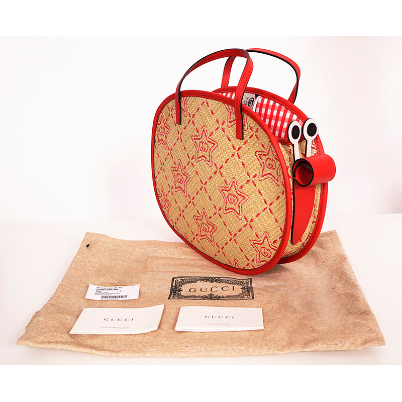 NEW $950 GUCCI JUNIOR Red Leather Trim RAFFIA GG LOGO Cosmogonie SNAIL TOTE BAG