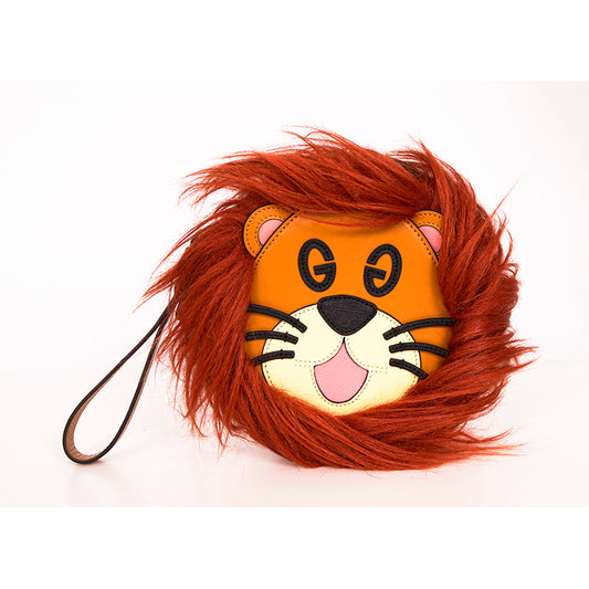 NEW GUCCI JUNIOR Lion GG EYES Leather Appliqué Brown Corduroy Pouch WRISTLET BAG