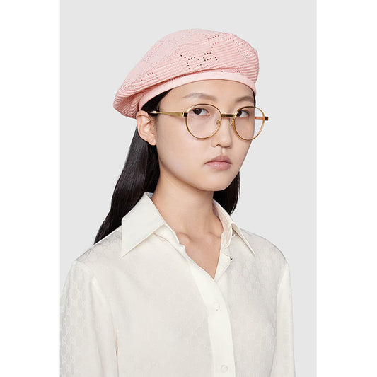 sz M NEW $620 GUCCI Pink Crochet GG LOGO Monogram Cotton Blend Knit BERET HAT